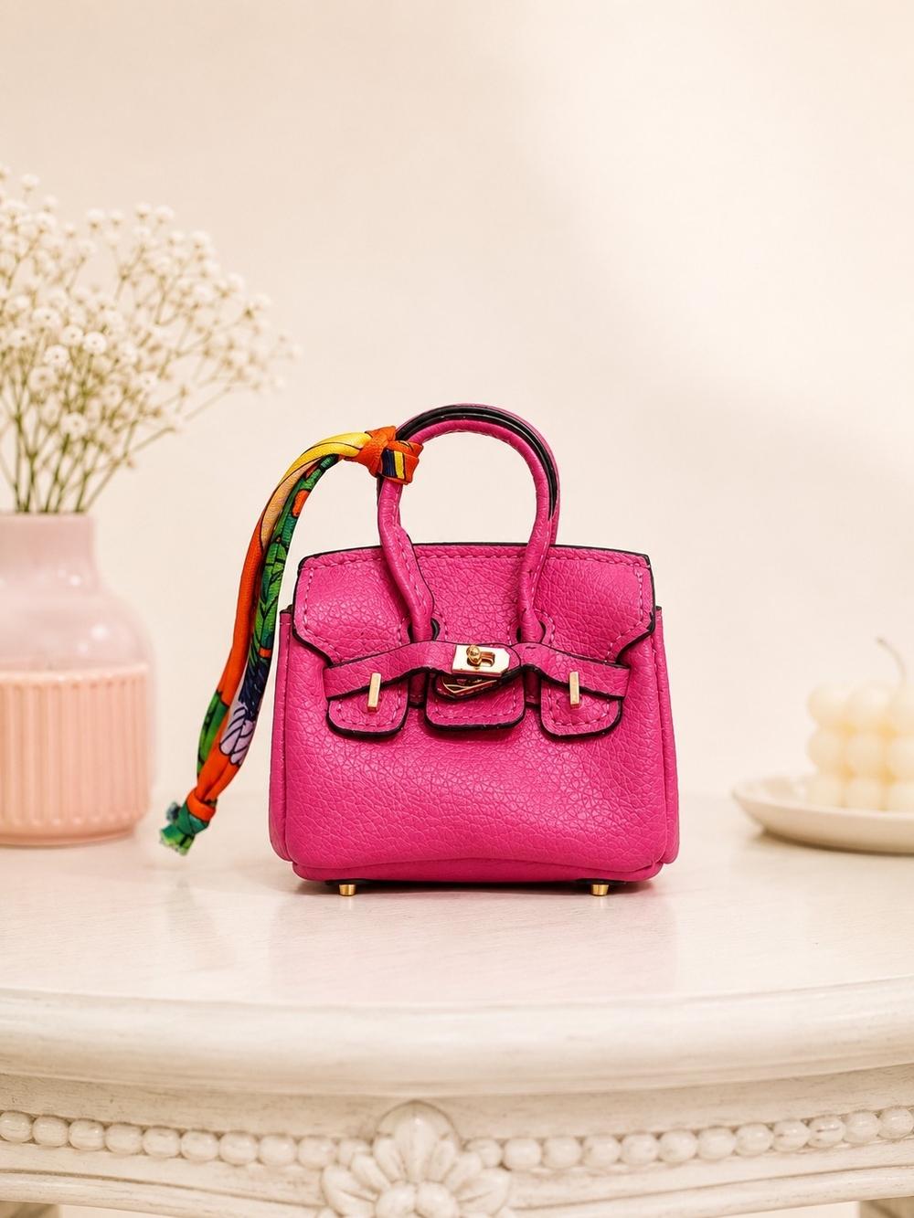 Pink Mini Top-Handle Women's Bag with Scarf Accent Charm